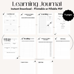 Peut inclure: Un journal d'apprentissage PDF imprimable ou remplissable de 11 pages. Le journal comprend des sections pour les objectifs d'apprentissage, les cours, le suivi de la lecture et la réflexion. Le design est minimaliste avec du texte noir sur fond blanc.