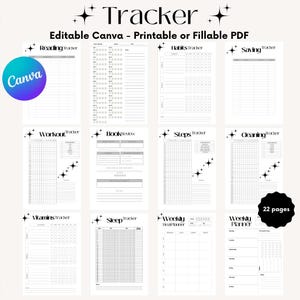 Peut inclure: Une collection de trackers PDF imprimables ou remplissables, comprenant la lecture, les habitudes, les économies, l'entraînement, la critique de livre, les étapes, le nettoyage, les vitamines, le sommeil et les planificateurs hebdomadaires de repas et généraux. Le mot "Tracker" est en haut.