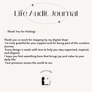 May include: A digital advertisement for a "Life Audit Journal" with elegant typography. The image features a thank you message and a logo for "Girl Boss Digit". The background is a soft cream colour.