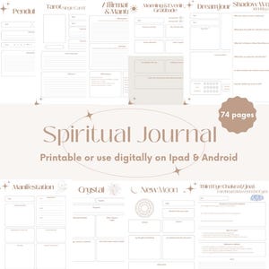 Peut inclure: Un journal spirituel imprimable de 74 pages. Le journal comprend des invites pour les lectures de tarot, les affirmations, la gratitude, la tenue d'un journal de rêves, le travail de l'ombre, la manifestation, le travail des cristaux et les rituels de nouvelle lune. Le journal est conçu pour être utilisé sur un iPad ou un appareil Android.
