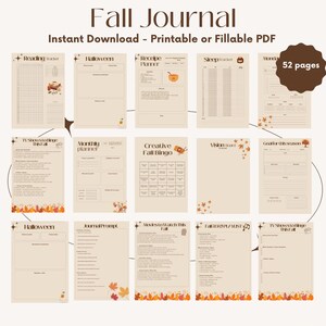 Peut inclure: Un journal d'automne numérique de 52 pages, avec des modèles pour la lecture, les recettes, le suivi du sommeil, etc. Le journal comprend le texte "Fall Journal" et "Instant Download - Printable or Fillable PDF."