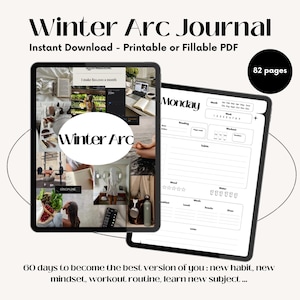 Peut inclure: Un journal numérique intitulé "Winter Arc Journal" avec un collage d'images et de texte. Le journal est disponible en téléchargement instantané, imprimable ou en PDF remplissable. Il contient 82 pages et une mise en page de planificateur quotidien.