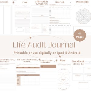 Peut inclure: Un journal d'audit de vie beige de 41 pages, conçu pour une utilisation numérique sur iPad et Android. Le journal comprend des sections pour les objectifs, les affirmations, les audits de temps et le suivi des soins personnels. Le titre est "Life Audit Journal".