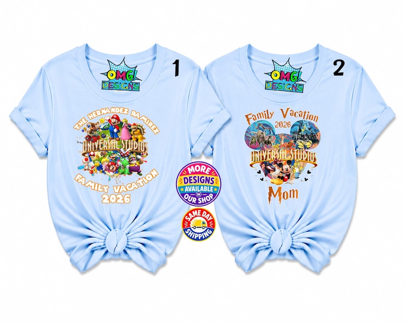 May include: Two light blue t-shirts with short sleeves and knotted hems. The first shirt features a graphic of Mario characters and the text "THE HERNANDEZ RAMIREZ FAMILY VACATION 2026". The second shirt displays a Mickey Mouse icon graphic and "FAMILY VACATION 2026 MOM".