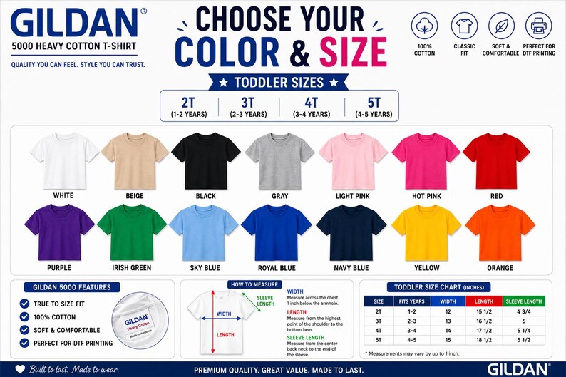 May include: A Gildan 5000 heavy cotton toddler t-shirt color and size chart. It displays fourteen shirt colors including white, beige, black, gray, pink, red, purple, green, blue, navy, yellow, and orange, with a size guide in inches.