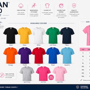 Puede incluir: Hoja de informaci&oacute;n del producto para la camiseta Gildan 5000 Adult Ultra Cotton. Incluye 100% algod&oacute;n, costuras reforzadas y ajuste cl&aacute;sico. Muestra 14 opciones de color, una tabla de tallas en pulgadas y una textura de tela rosa.