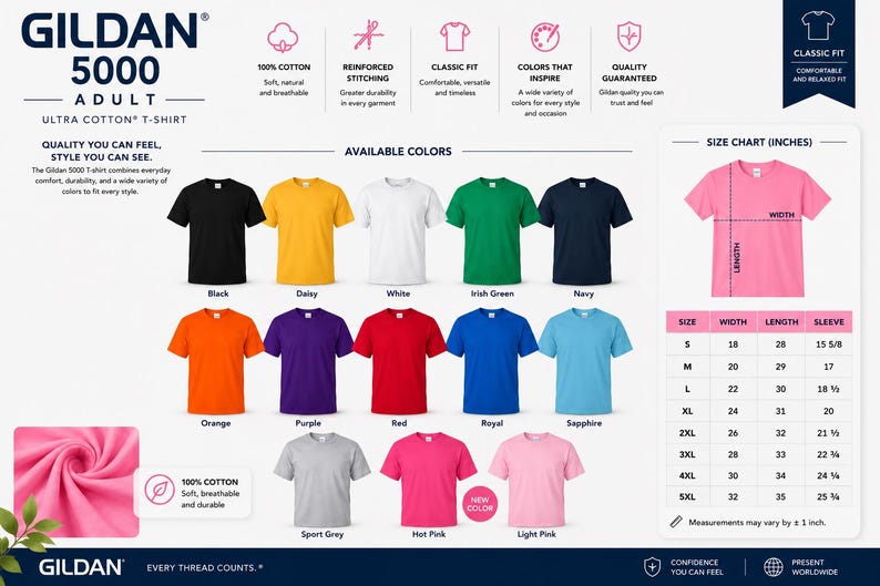 Puede incluir: Hoja de informaci&oacute;n del producto para la camiseta Gildan 5000 Adult Ultra Cotton. Incluye 100% algod&oacute;n, costuras reforzadas y ajuste cl&aacute;sico. Muestra 14 opciones de color, una tabla de tallas en pulgadas y una textura de tela rosa.