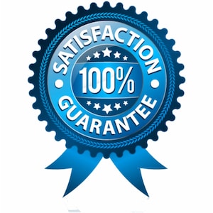 May include: A circular blue badge with a serrated edge and two ribbons at the bottom. The center features the text 100% in large white font, surrounded by the words SATISFACTION GUARANTEE in a circular layout, accented by small white stars.