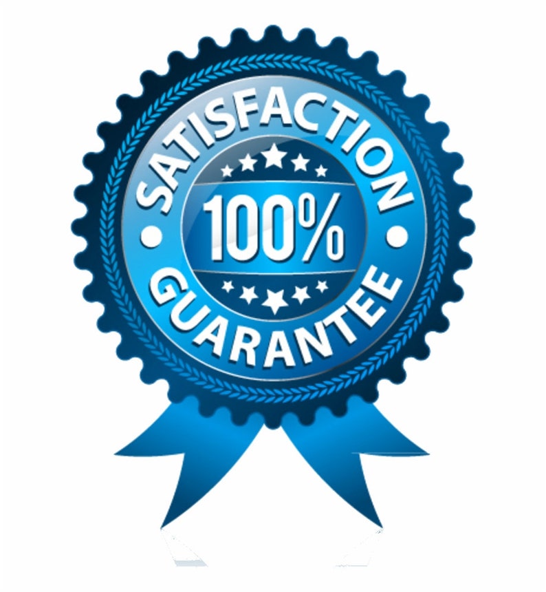 May include: A circular blue badge with a serrated edge and two ribbons at the bottom. The center features the text 100% in large white font, surrounded by the words SATISFACTION GUARANTEE in a circular layout, accented by small white stars.
