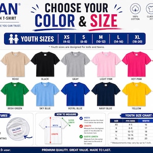 May include: A Gildan 5000 heavy cotton youth t-shirt color and size chart. It displays fourteen shirt colors including white, beige, black, gray, pink, red, purple, green, blue, navy, yellow, and orange. Includes youth size charts in inches.
