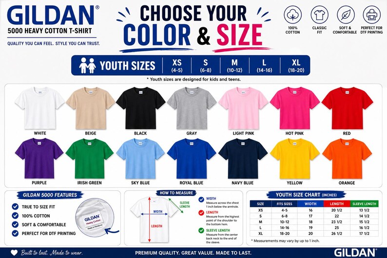 May include: A Gildan 5000 heavy cotton youth t-shirt color and size chart. It displays fourteen shirt colors including white, beige, black, gray, pink, red, purple, green, blue, navy, yellow, and orange. Includes youth size charts in inches.