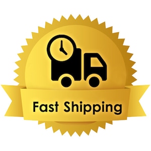 May include: A circular gold badge with a serrated edge featuring a black icon of a delivery truck with a clock face on its side. A horizontal gold ribbon banner across the center displays the black text Fast Shipping in a sans-serif font.