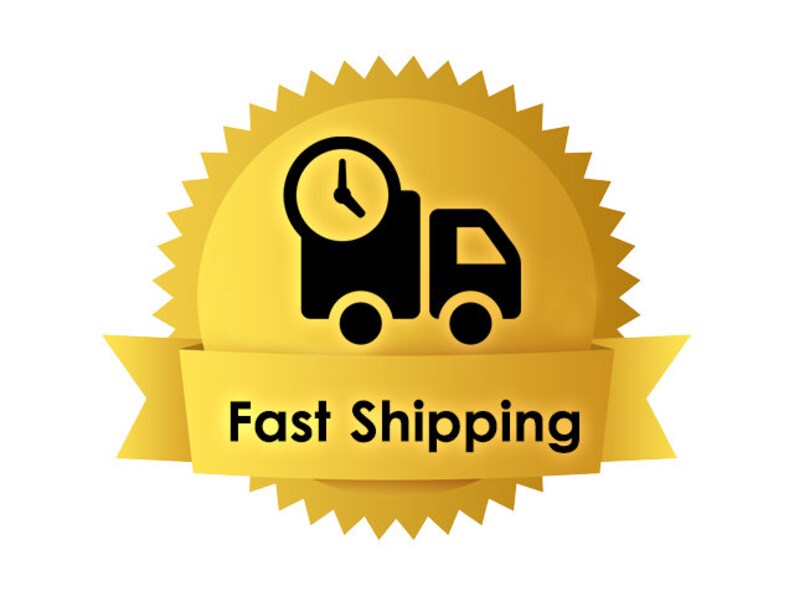 May include: A circular gold badge with a serrated edge featuring a black icon of a delivery truck with a clock face on its side. A horizontal gold ribbon banner across the center displays the black text Fast Shipping in a sans-serif font.