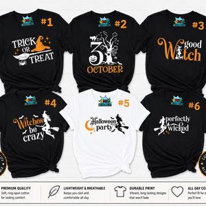 Puede incluir: Una colección de camisetas negras y blancas con temática de Halloween. Los diseños incluyen frases como "Trick or Treat", "5 October" y "Good Witch". Una camiseta blanca presenta "Halloween party". Todas las camisetas tienen una impresión suave y duradera.