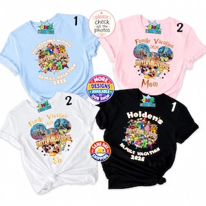 May include: Four short-sleeved t-shirts in light blue, light pink, white, and black. Each shirt features a graphic print with the text Universal Studios, Family Vacation 2026, and various cartoon characters. Some shirts include names like Mom or Sis.