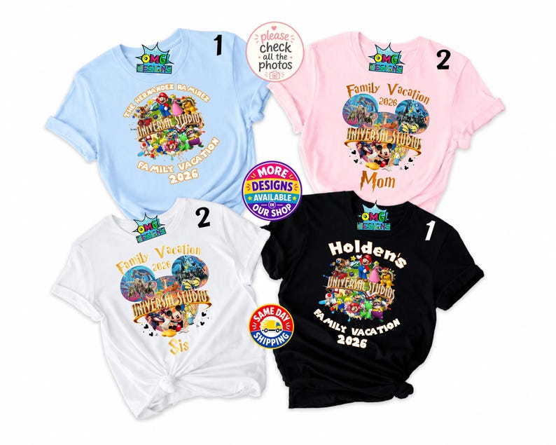 May include: Four short-sleeved t-shirts in light blue, light pink, white, and black. Each shirt features a graphic print with the text Universal Studios, Family Vacation 2026, and various cartoon characters. Some shirts include names like Mom or Sis.