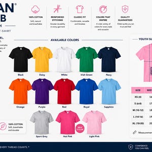 Puede incluir: Una carta de colores de camisetas juveniles Gildan 5000B que muestra quince opciones de colores s&oacute;lidos, incluyendo negro, amarillo, blanco, verde, azul marino, naranja, morado, rojo, azul real, zafiro, gris, rosa fuerte y rosa claro, con tabla de tallas.