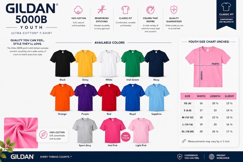 Puede incluir: Una carta de colores de camisetas juveniles Gildan 5000B que muestra quince opciones de colores s&oacute;lidos, incluyendo negro, amarillo, blanco, verde, azul marino, naranja, morado, rojo, azul real, zafiro, gris, rosa fuerte y rosa claro, con tabla de tallas.