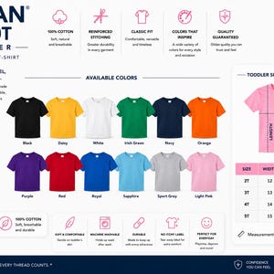 Puede incluir: Una tabla de informaci&oacute;n de producto para camisetas de ni&ntilde;o peque&ntilde;o Gildan 5000T con doce opciones de color que incluyen negro, margarita, blanco, verde irland&eacute;s, marino, naranja, morado, rojo, real, zafiro, gris deportivo y rosa claro, con tabla de tallas.