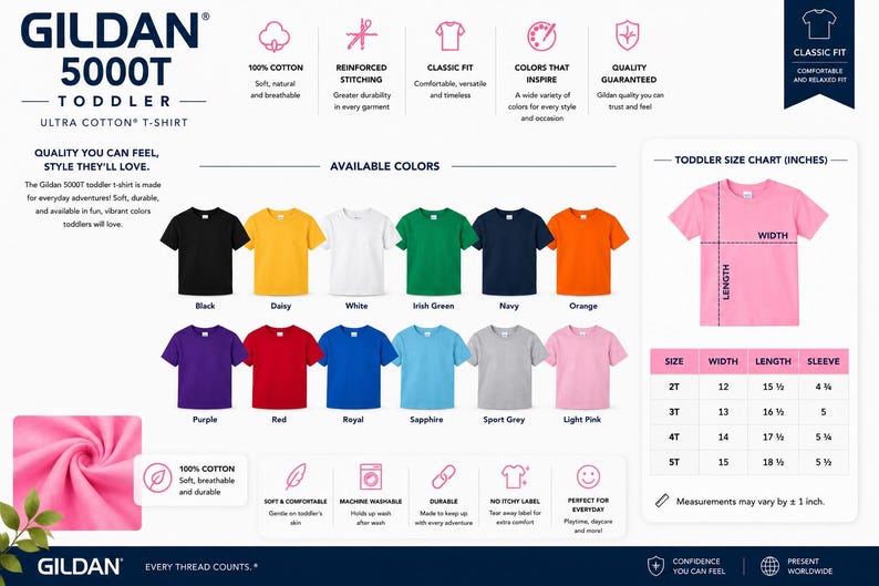 Puede incluir: Una tabla de informaci&oacute;n de producto para camisetas de ni&ntilde;o peque&ntilde;o Gildan 5000T con doce opciones de color que incluyen negro, margarita, blanco, verde irland&eacute;s, marino, naranja, morado, rojo, real, zafiro, gris deportivo y rosa claro, con tabla de tallas.