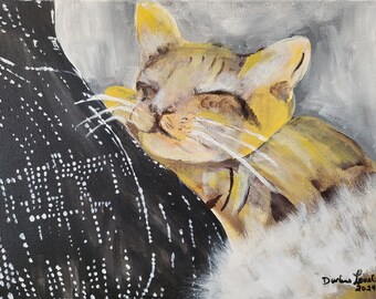 Pintura acrílica original gato durmiendo animal 10 x 12 sobre lienzo gatito linda pared decoración pared colgante