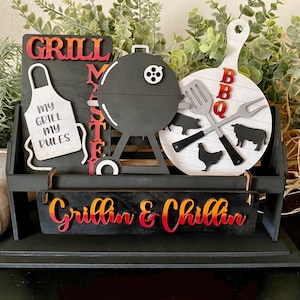 Grill Master BBQ Interchangeable Wagon Decor / Wooden Wagon / Grillin & Chillin / Tray Decor / PAINTED  or  Tier Tray Decor