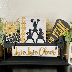 Cheerleader Game Day Interchangeable Wooden Wagon Tray Decor / Live Live Cheer / Pom Pom / Go Team / Tier Tray Decor