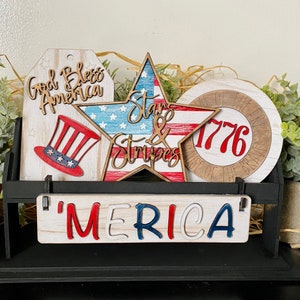 Merica Interchangeable Wooden Wagon Tray Decor / USA America / Star and Stripes  / Red White & Blue / Unfinished Tier Tray Decor