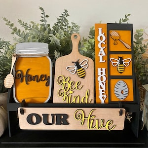 Bee Kind Interchangeable Wagon Decor / Wooden Wagon / Busy Bee / Honeycomb / Tray Decor / PAINTED  or