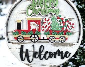 Santa’s Train / Merry Christmas / Welcome Front Door Sign / Candy Cane / Presents / Wooden Decor / Farmhouse Decor / Interchangeable Inserts