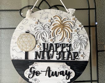 Happy New Year Ball Drop Welcome Front Door Sign / Fireworks / Clock / Wooden Decor / Farmhouse Decor / Interchangeable Inserts ONLY