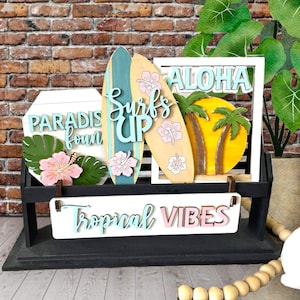 Tropical Vibes Interchangeable Wagon Decor / Paradise Found / Beach Life / Surfs Up / Aloha / PAINTED  or  Tier Tray Decor