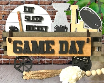 Hockey Game Day Interchangeable Wooden Wagon Tray Decor / Hockey Puck / East Sleep Repeat / LOVE / Unfinished Tier Tray Decor