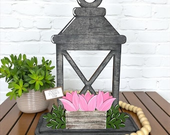Tulips Summer Flower Basket Wooden Lantern Tea Light Interchangeable Decor / Flower / Shelf Decor /Interchangeable Insert ONLY / Pink Tulip