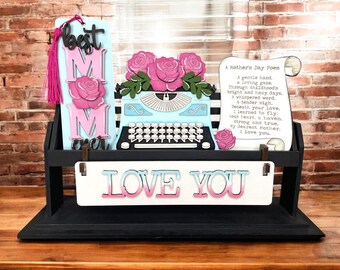 Happy Mothers Day / Love You / Best Mom / Typ ewriter / Interchangeable Wagon Decor / Wooden Wagon / Flowers / BookMark