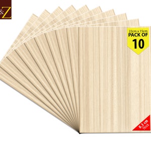 May include: Pack of 10 wood craft sheets, each measuring 22 cm x 15 cm and 0.3 cm thick. The sheets are light brown with a wood grain pattern.