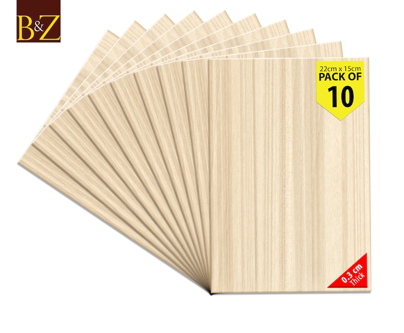 May include: Pack of 10 wood craft sheets, each measuring 22 cm x 15 cm and 0.3 cm thick. The sheets are light brown with a wood grain pattern.