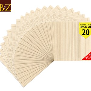 May include: A pack of 20 wood veneer sheets, each measuring 10 cm x 10 cm and 0.3 cm thick. The sheets are arranged in a fan shape and have a light wood grain pattern.