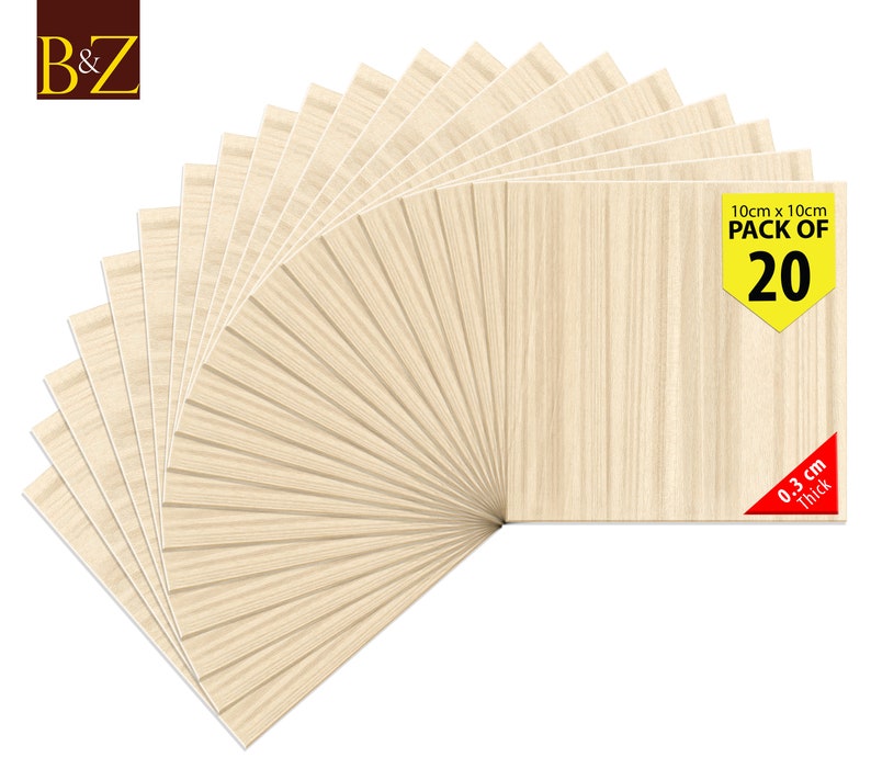 May include: A pack of 20 wood veneer sheets, each measuring 10 cm x 10 cm and 0.3 cm thick. The sheets are arranged in a fan shape and have a light wood grain pattern.