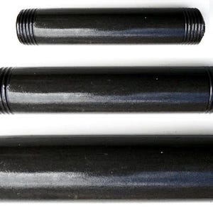 May include: Three black iron pipe fittings of different lengths. The fittings have a threaded end and a smooth, black finish.