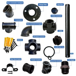 May include: Assortment of black iron pipe fittings, including elbows, tees, couplings, flanges, and a hex nipple. The fittings are used for plumbing and industrial applications.