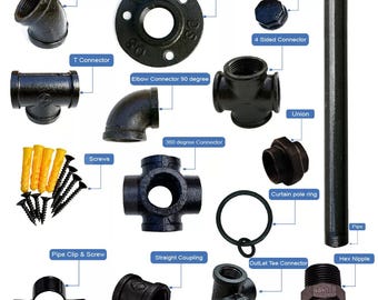 B&Z Industrial Pipe Shelf Bracket Components Steam Punk Rustic Vintage Pipe Fittings Accessories In  1/2 3/4 and 1 inch Diameters (Black)