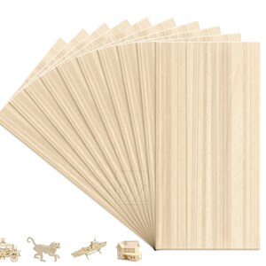 May include: A pack of 12 thin wood sheets, each sheet is light brown with a wood grain pattern. The sheets are stacked and fanned out, revealing the wood grain.