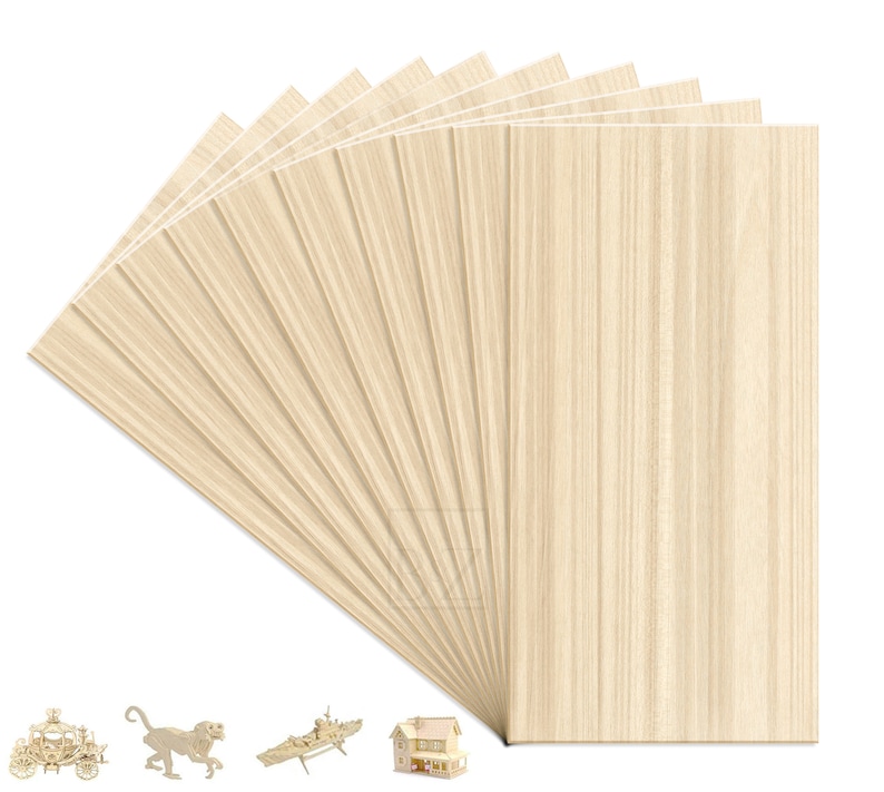 May include: A pack of 12 thin wood sheets, each sheet is light brown with a wood grain pattern. The sheets are stacked and fanned out, revealing the wood grain.
