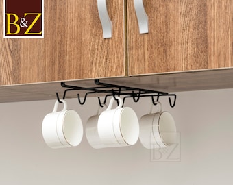 B&Z Cabinet Cup Rack, Spider Mug Holder, Shelf Cup Hanger, Under Cabinet Kitchen Rack Organizer - Chrome Plated Metal - Free Plastic Holder