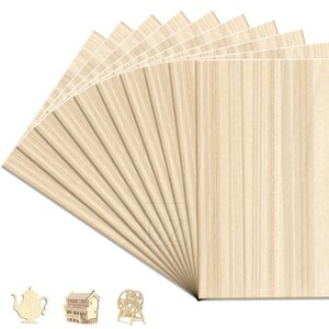 May include: A stack of 12 natural wood sheets, each sheet is approximately 12 inches by 12 inches. The sheets are arranged in a fan shape, with the top sheet being the most visible. The sheets are a light brown color with a wood grain pattern.