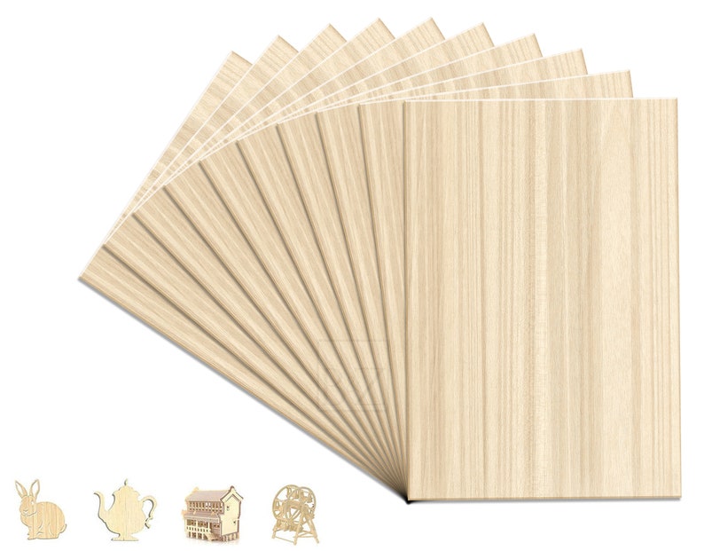 May include: A stack of 12 natural wood sheets, each sheet is approximately 12 inches by 12 inches. The sheets are arranged in a fan shape, with the top sheet being the most visible. The sheets are a light brown color with a wood grain pattern.