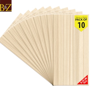 May include: A pack of 10 wood veneer sheets, each measuring 20 cm x 10 cm and 0.15 cm thick. The sheets are light brown with a wood grain pattern.  The text "PACK OF 10" is printed in yellow on a red background.