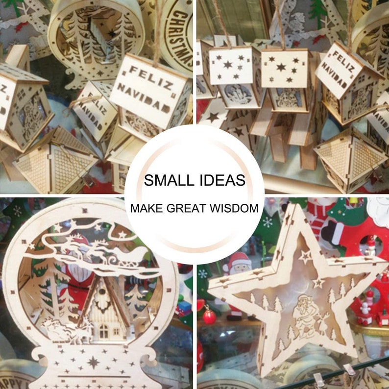 May include: Assortment of wooden Christmas ornaments featuring intricate cut-out designs. The ornaments include a star, a globe, and several small boxes with the words "Feliz Navidad" inscribed on them. The ornaments are made of light-colored wood and have a rustic, handcrafted look.