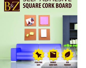 B&Z Self Adhesive Sticky Cork board Square Tiles Mini Wall Bulletin | Lightweight, Stick Well, Easy to Install, Multipurpose With Free Pins